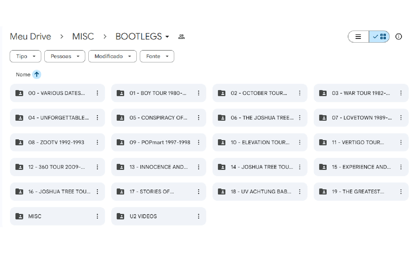 Real folder organization of the U2 collection, arranged by tour and additional materials