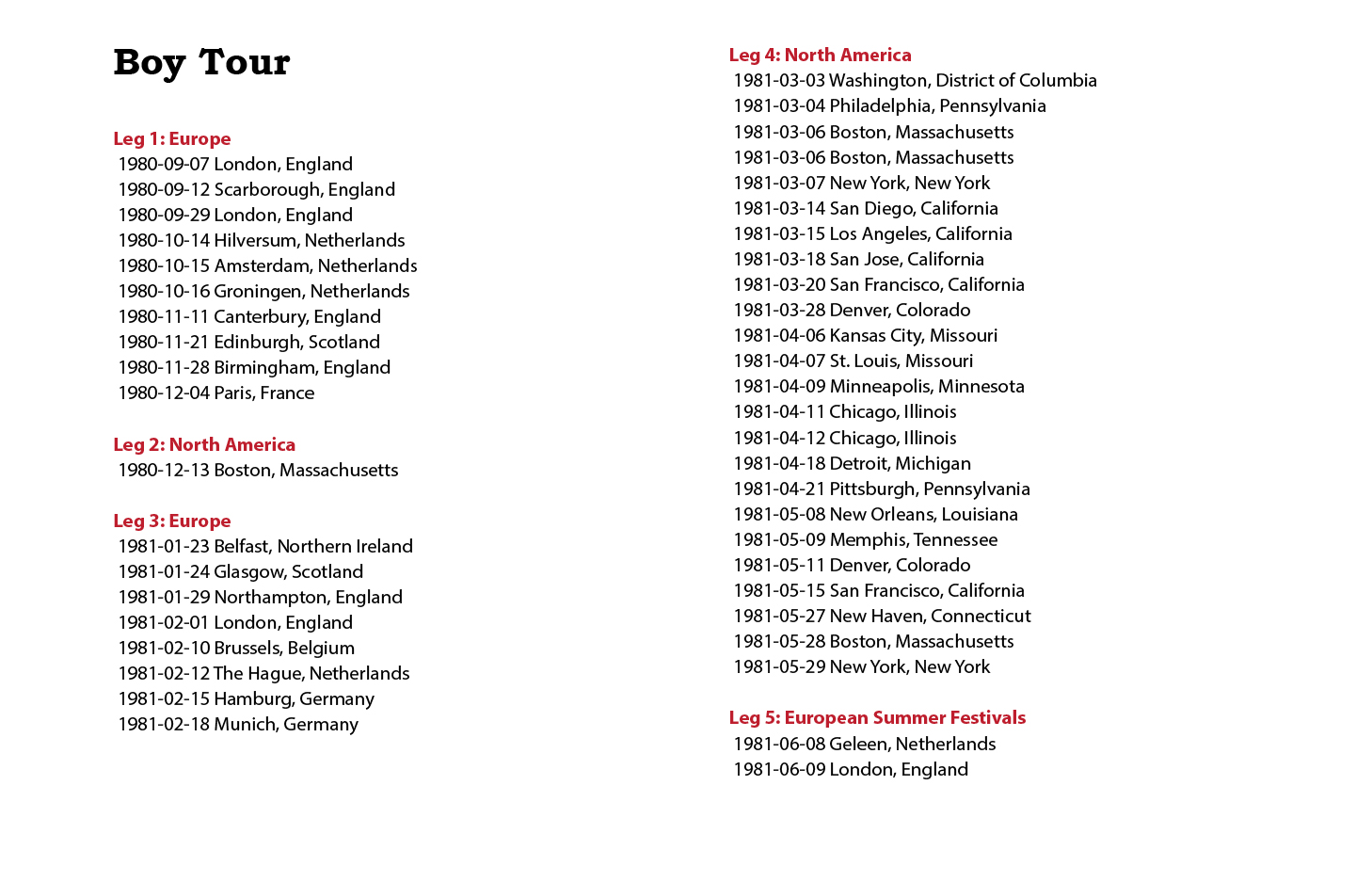 Boy Tour — archive dates and cities